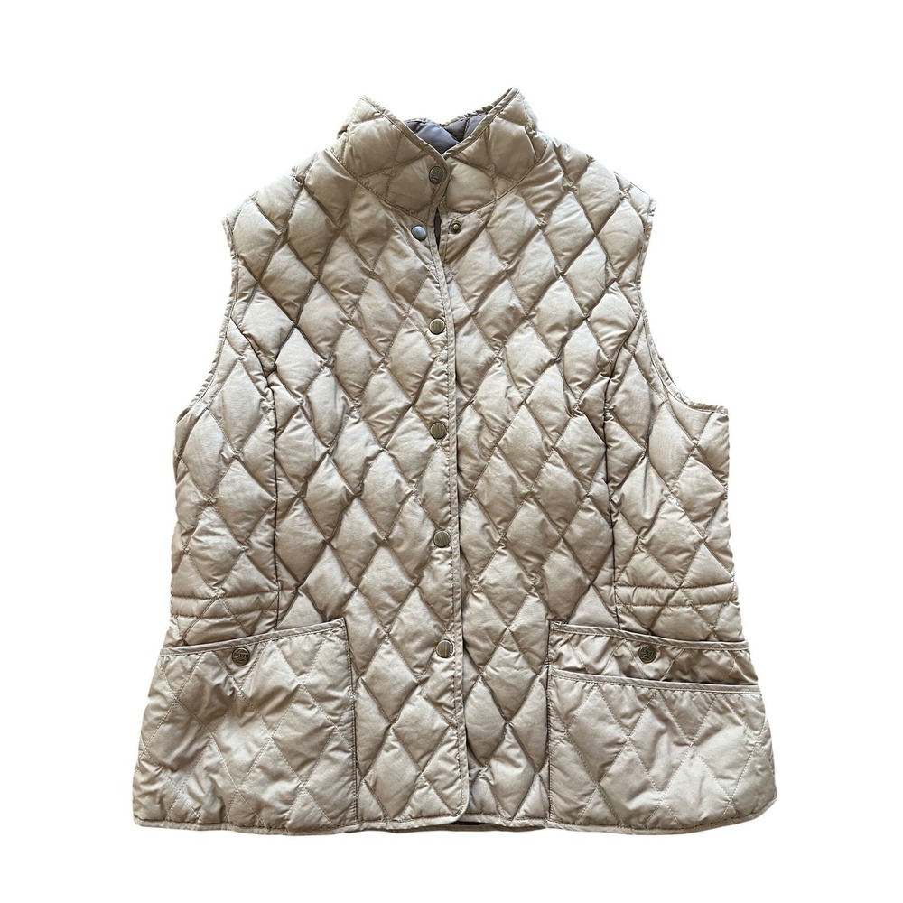 Eddie Bauer Womens XL Tan Quilted Goose Down Vest 550 Fill Snap Front Pockets